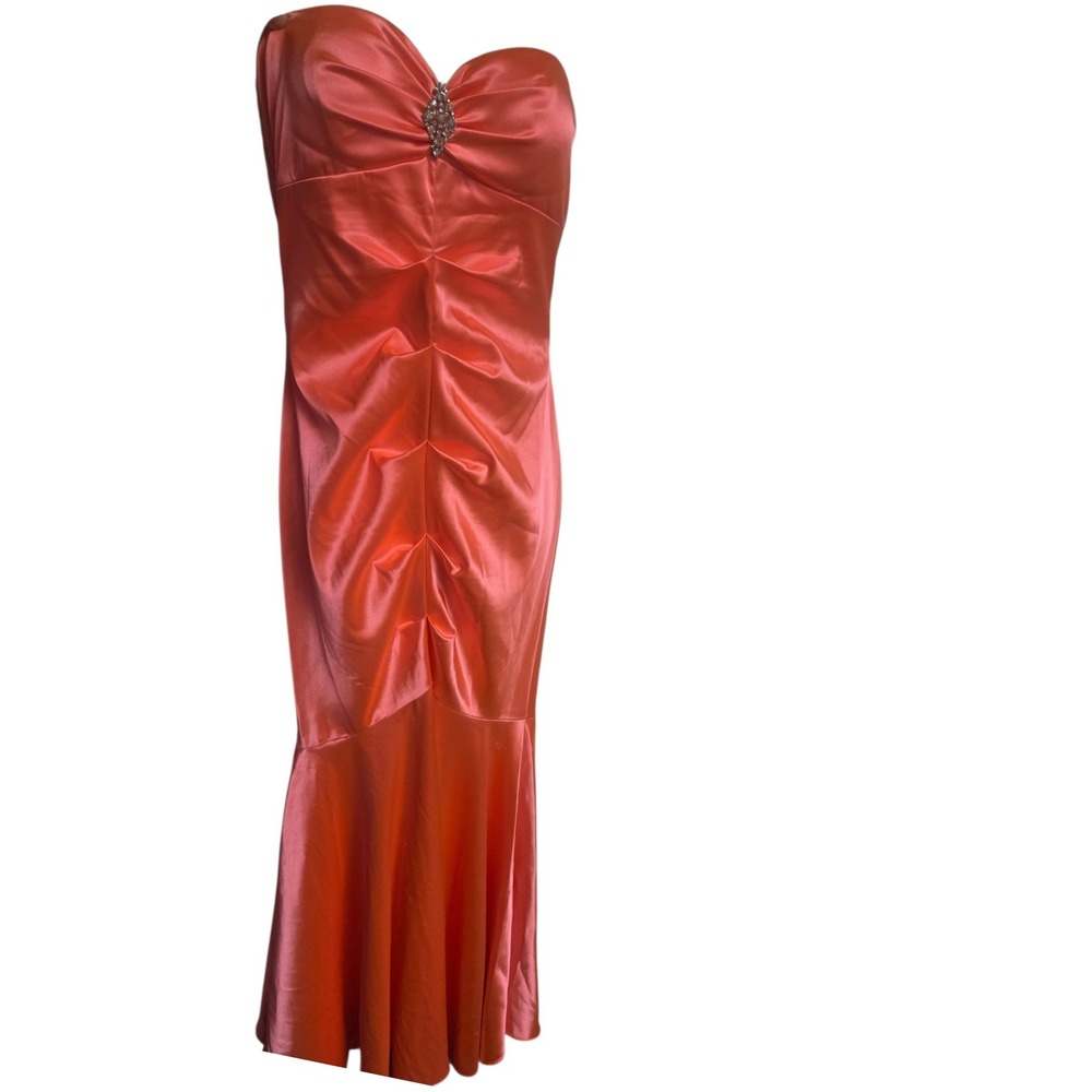 Xscape Strapless Coral Satin Mermaid Gown‎ Dress Ruched Formal Prom Size 10 USA
